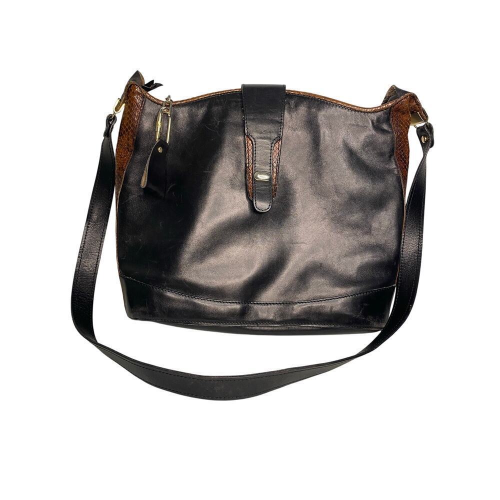 Made In Italy Black Brown Leather Shoulder Bag Satchel Snakeskin Trim